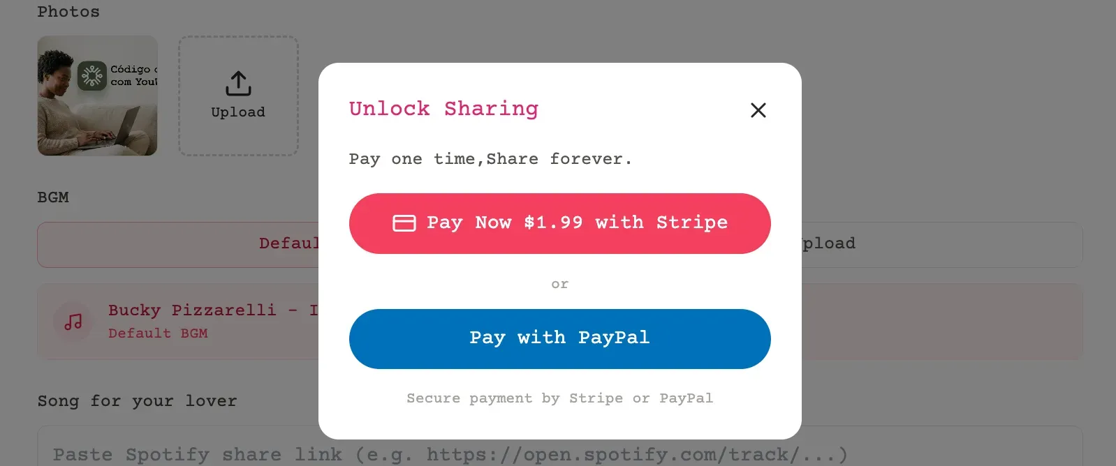 支付弹窗显示Stripe和PayPal选项,一次性支付1.99美元解锁分享功能