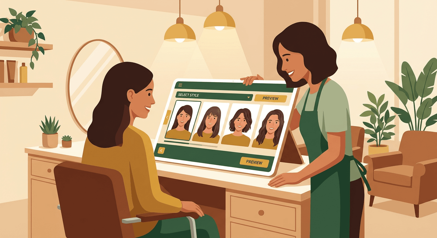 Herramienta de vista previa de consultoría de salón mostrando opciones de peinado para clientes
