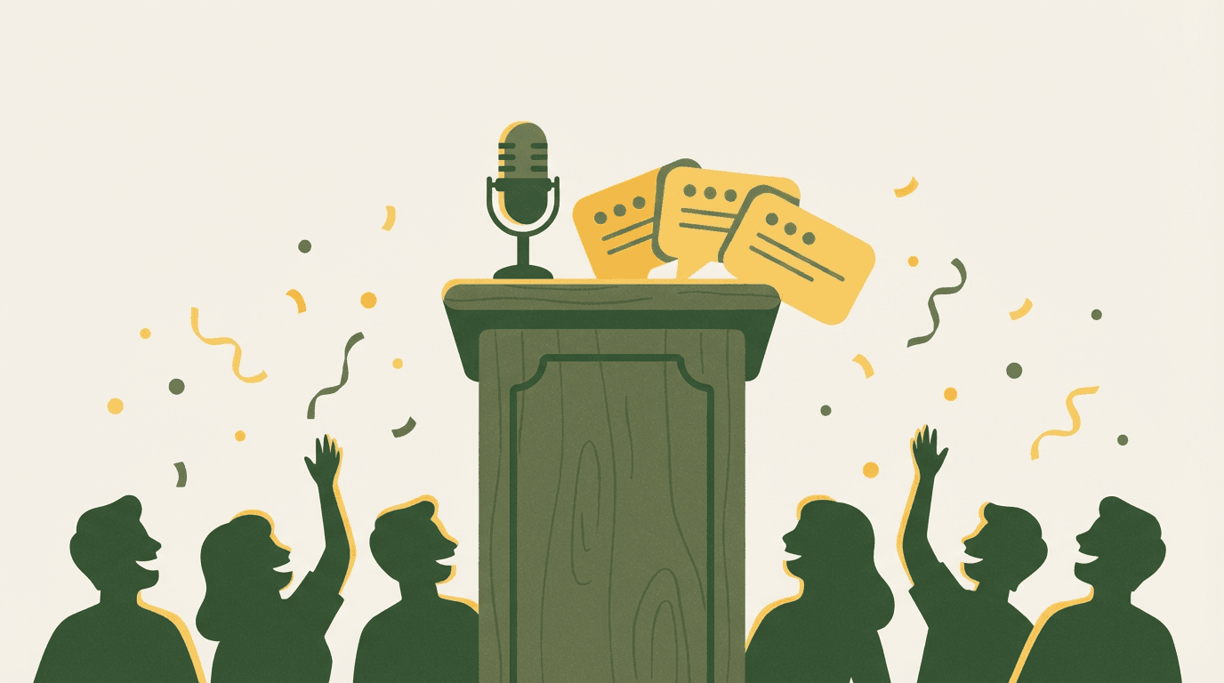 Escritor de roast para discurso de padrino con podio y audiencia