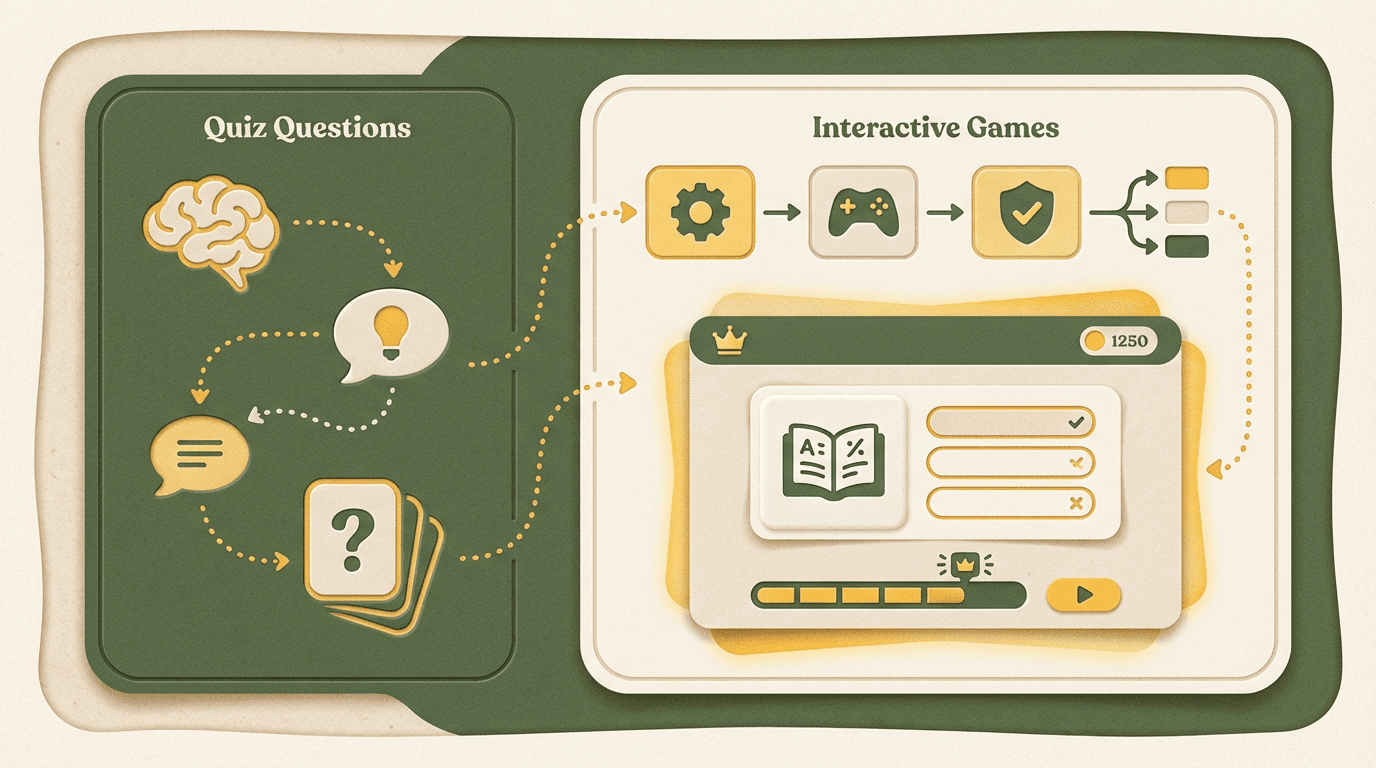 AI quiz builder interface showing natural language prompt and generated trivia app