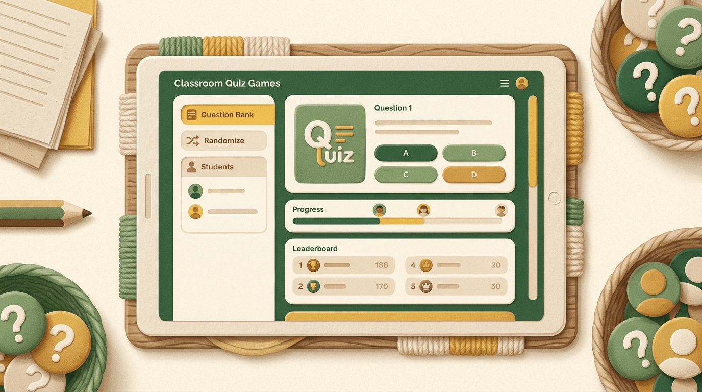 Classroom trivia game interface showing student quiz progress and leaderboard