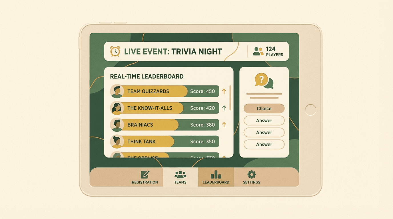 Real-time multiplayer trivia game showing live leaderboard and team scores