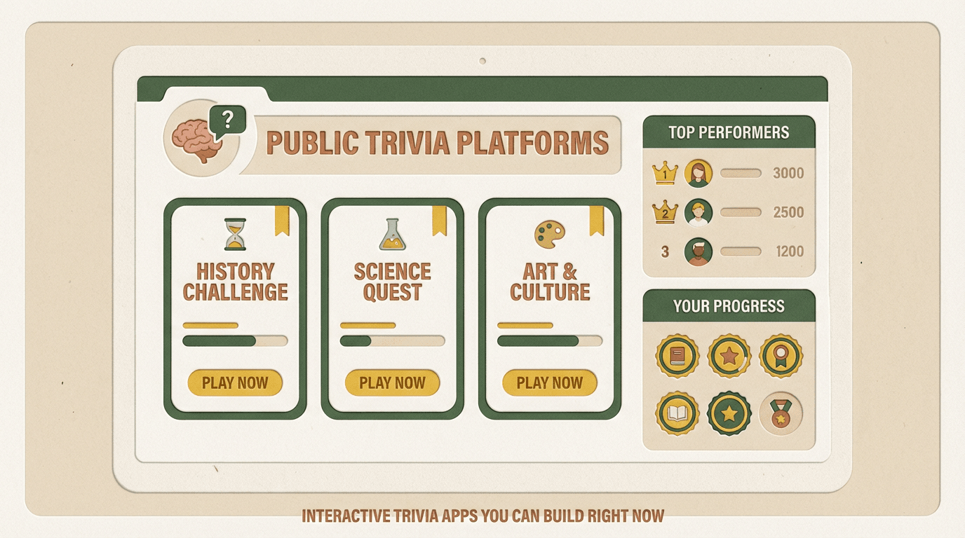 Public trivia platform showing quiz selection, user rankings, and score sharing