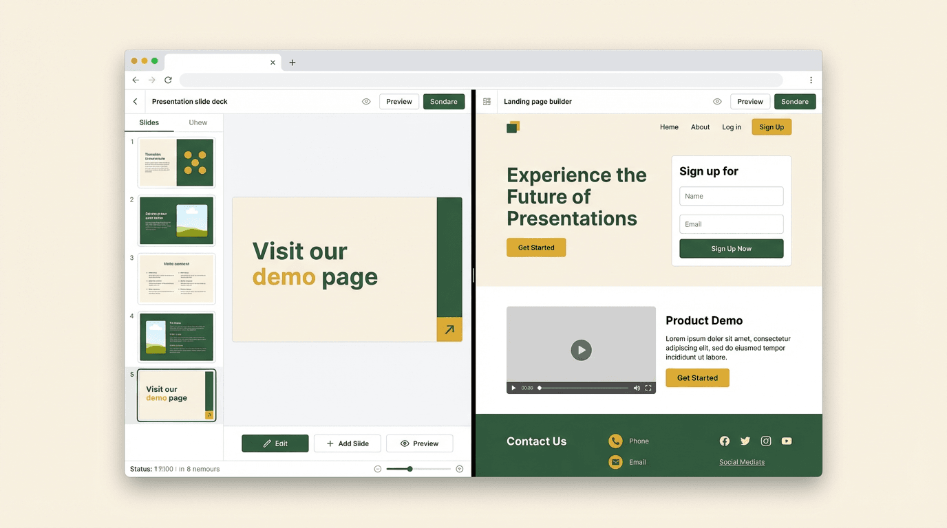 Interfaz del creador de landing pages para presentaciones con IA