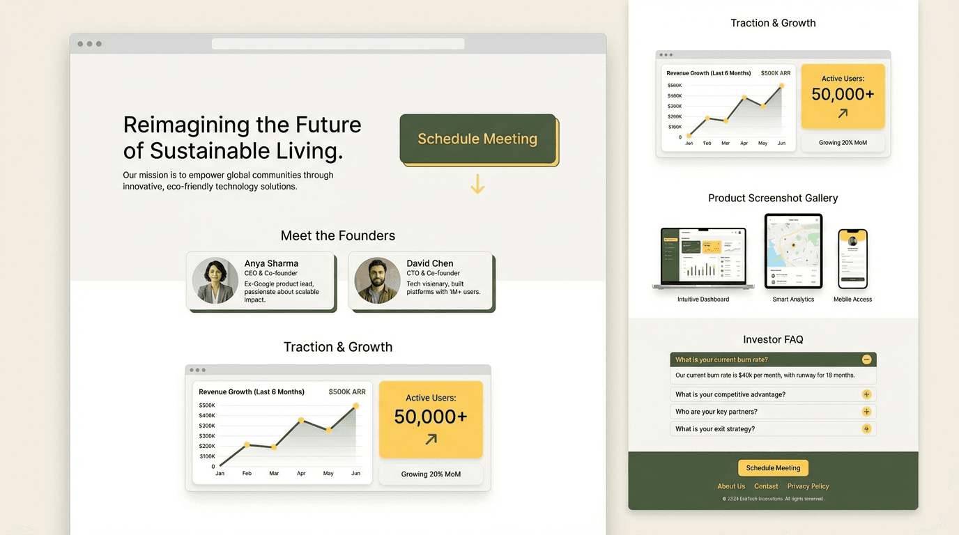 Landing page de pitch deck con registro para demo y metricas
