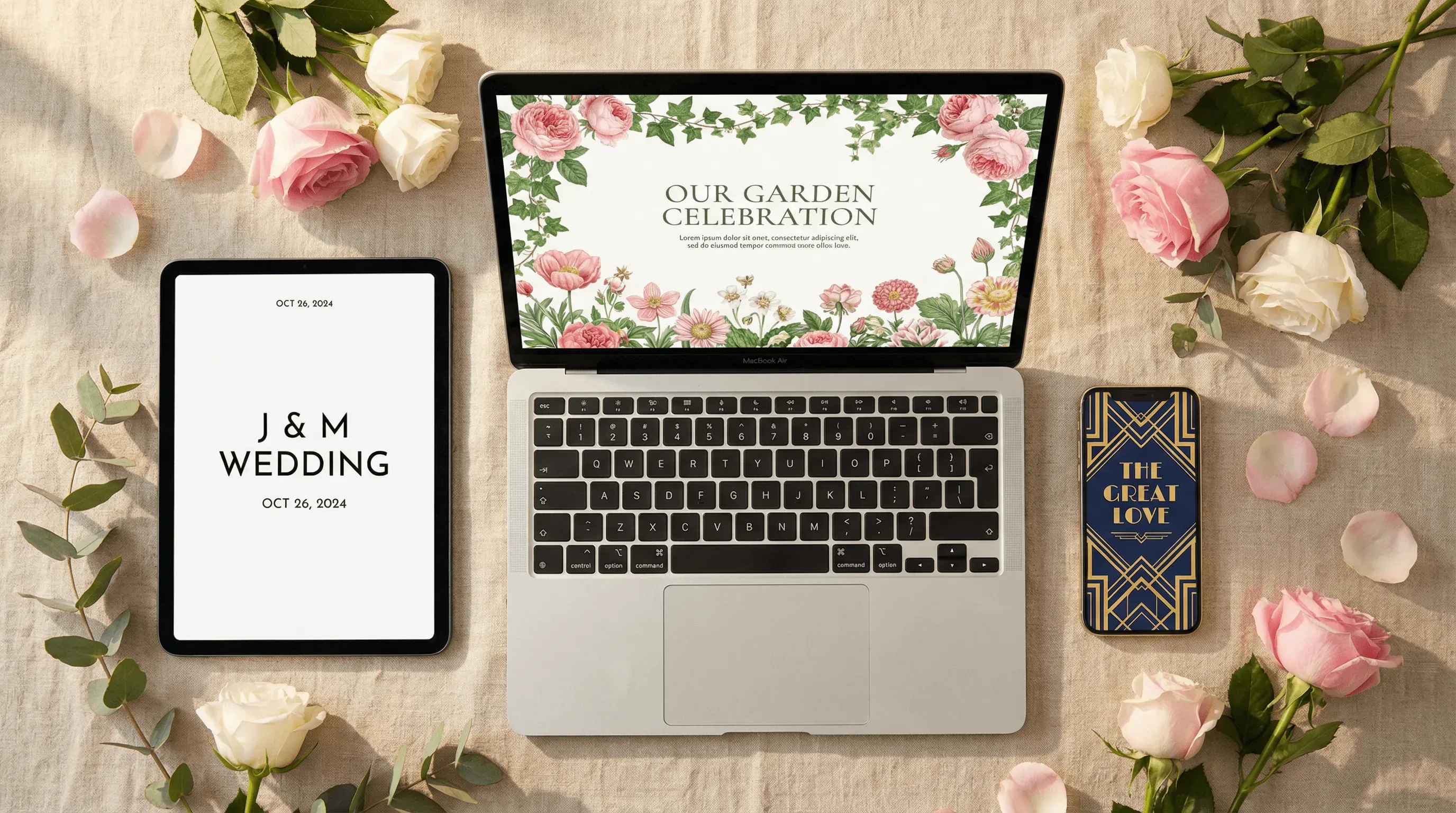 Tres diseños únicos de sitio web de boda generados por IA en diferentes dispositivos