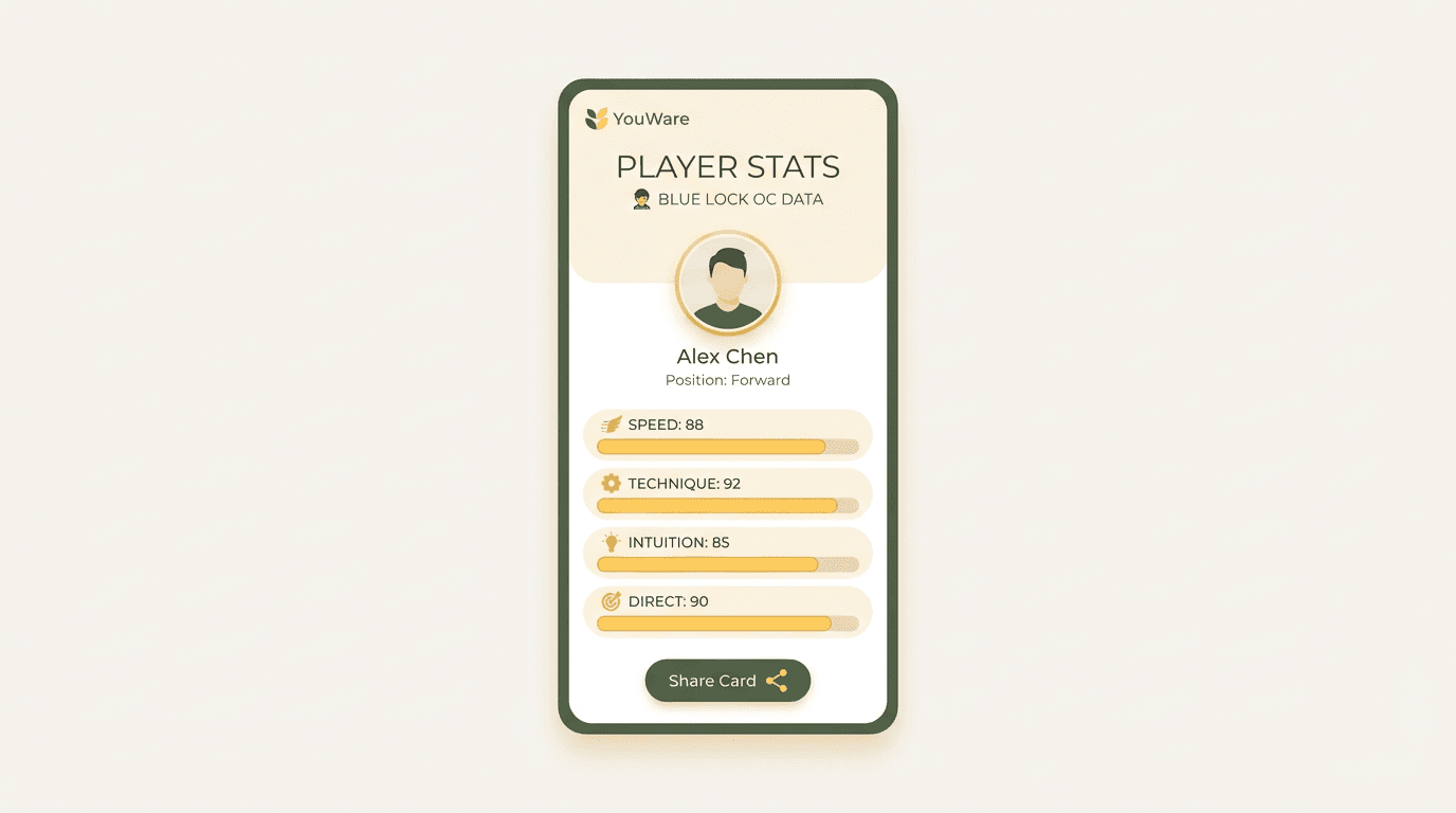 Tarjeta de estadísticas del jugador de Blue Lock con puntuaciones de Velocidad Técnica Intuición