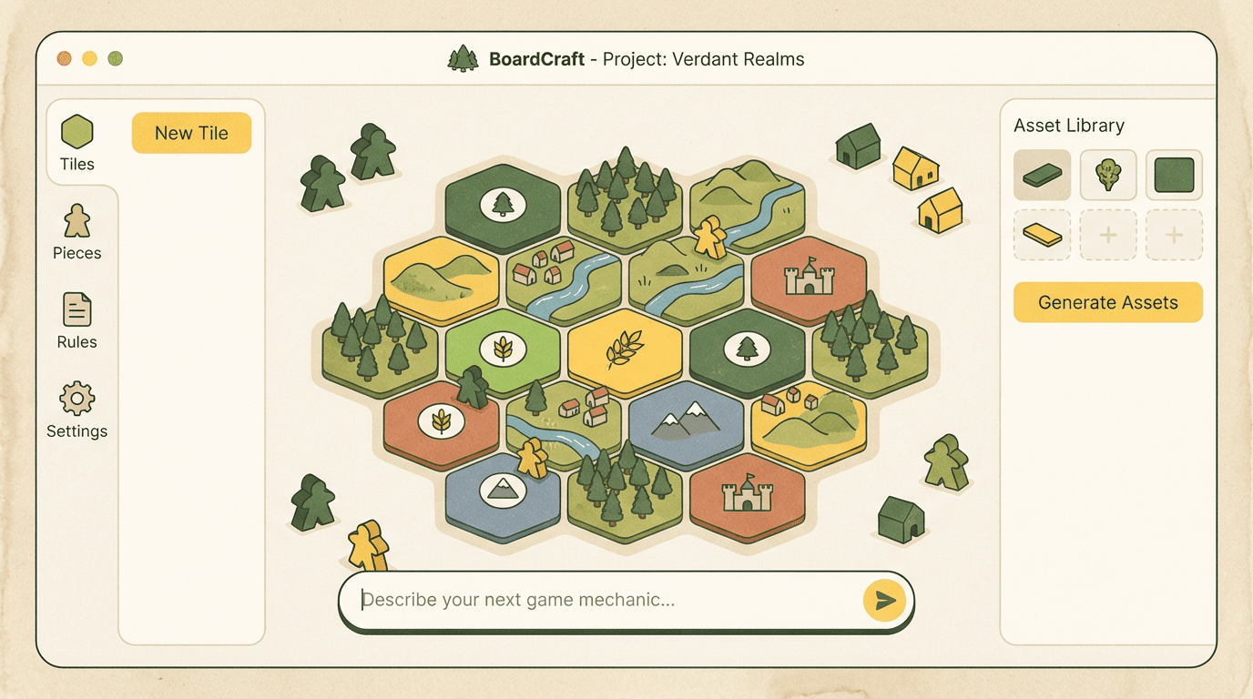 Interface do criador de jogos de tabuleiro mostrando um tabuleiro personalizado sendo construído com IA