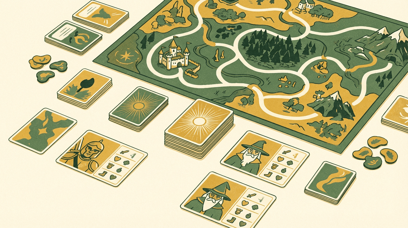 Jogo de tabuleiro de aventura baseado em cartas com atributos de personagens e cartas de evento