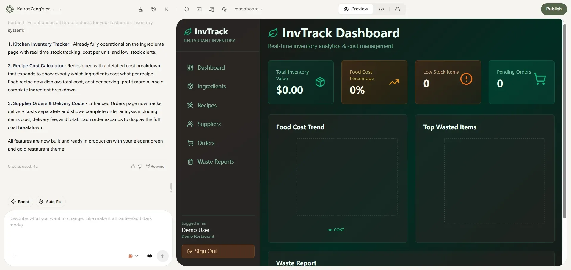 Dashboard de software de gestión de inventario para restaurantes creado con YouWare IA