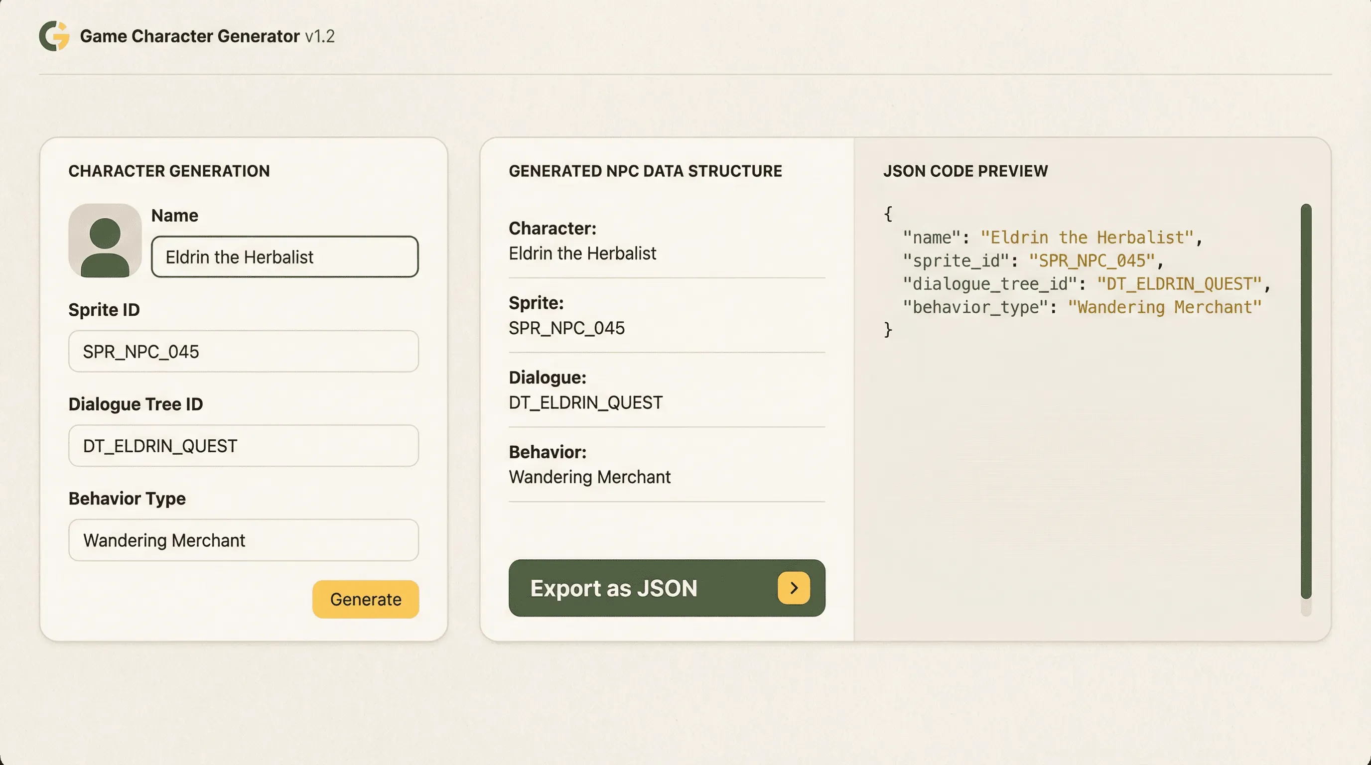 Game character generator with JSON export for game engines