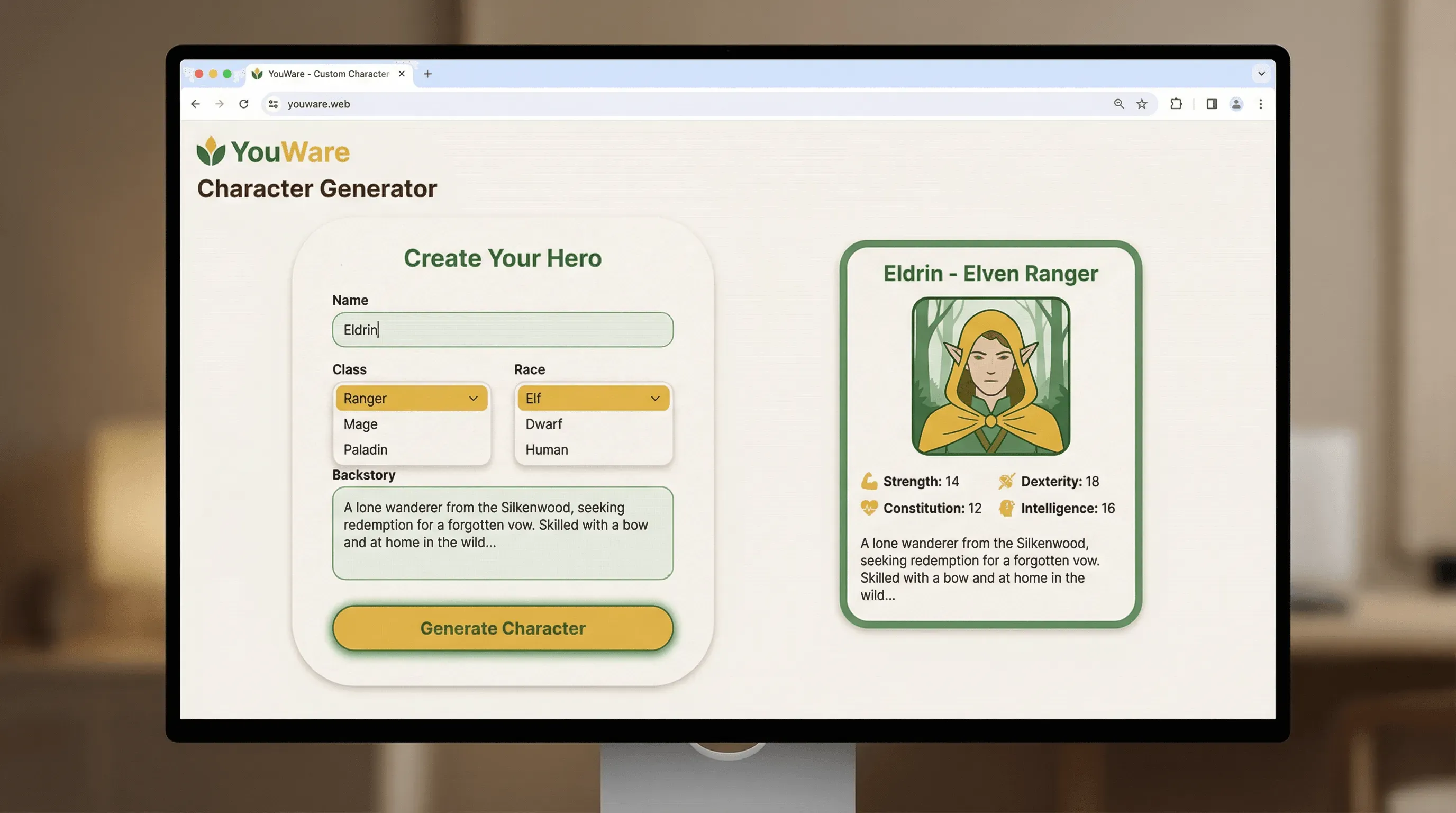 Character generator web app built with YouWare showing custom fields