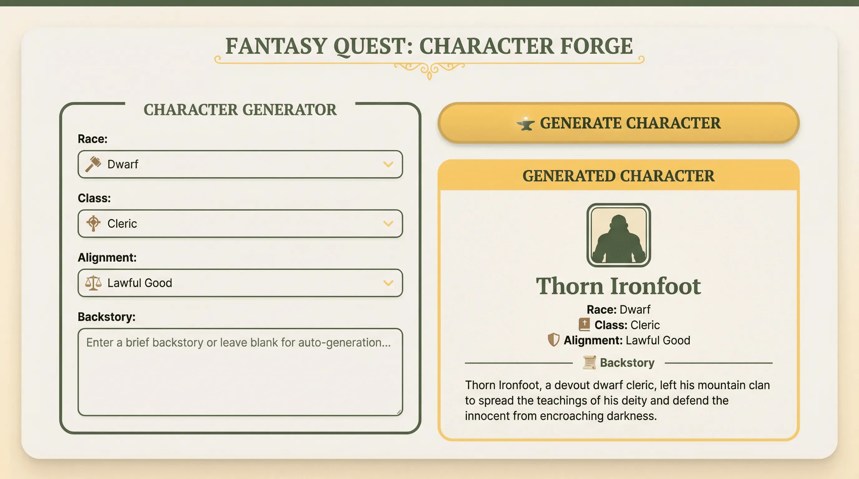 D&D character generator showing race, class, and backstory fields