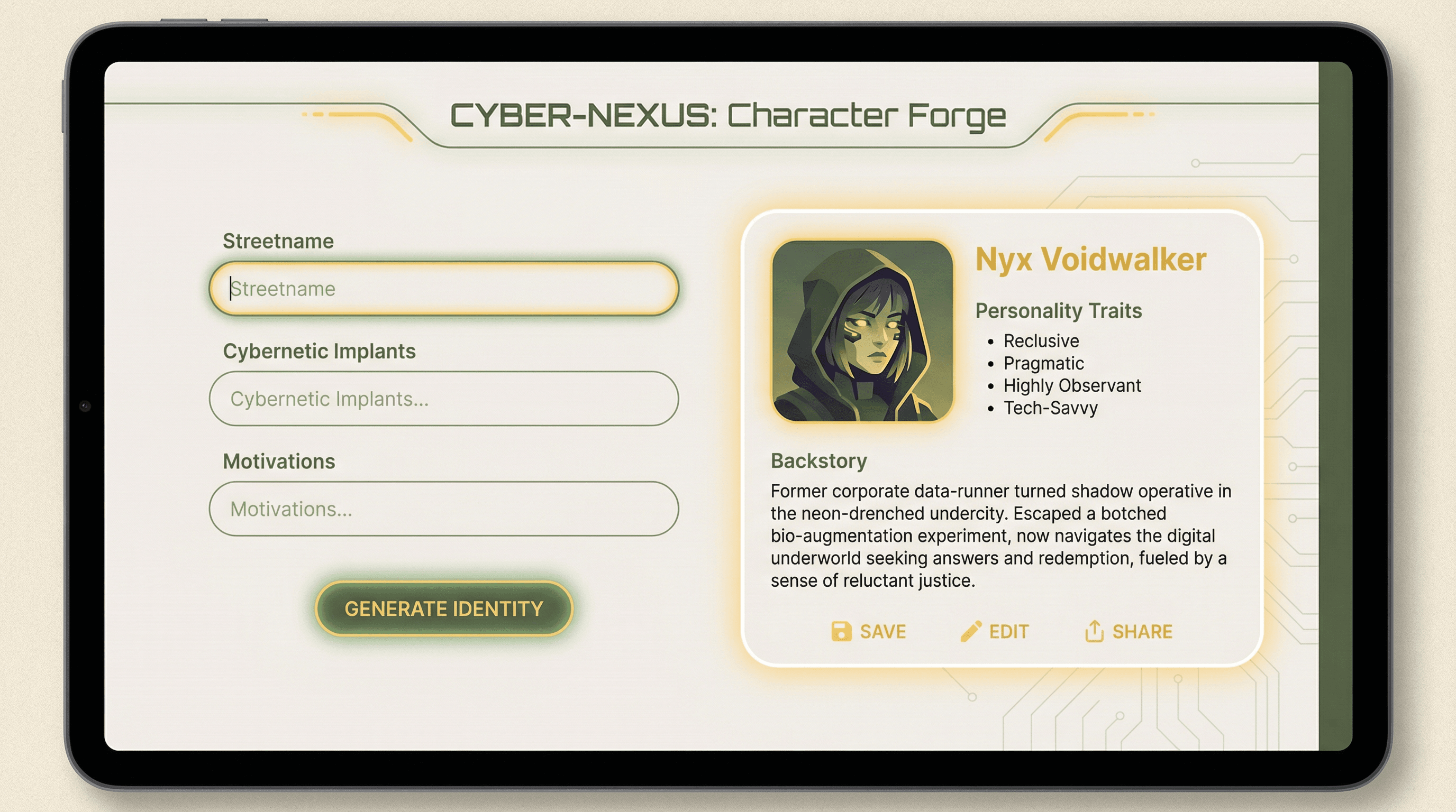 Fiction character generator with personality traits and backstory