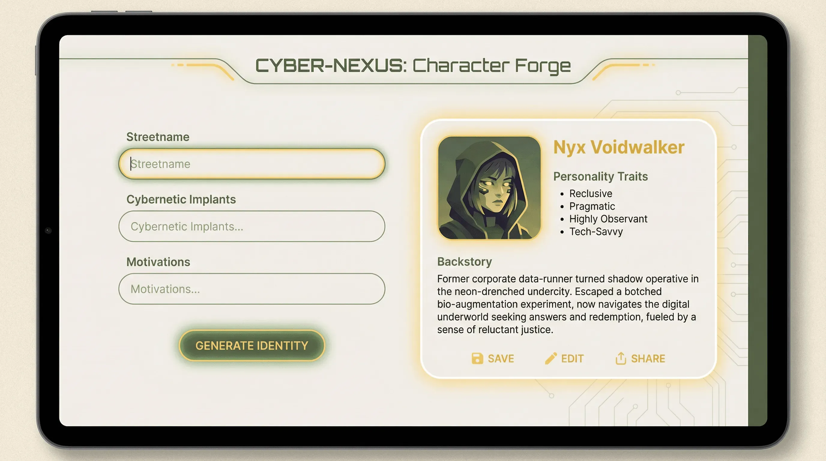 Fiction character generator with personality traits and backstory