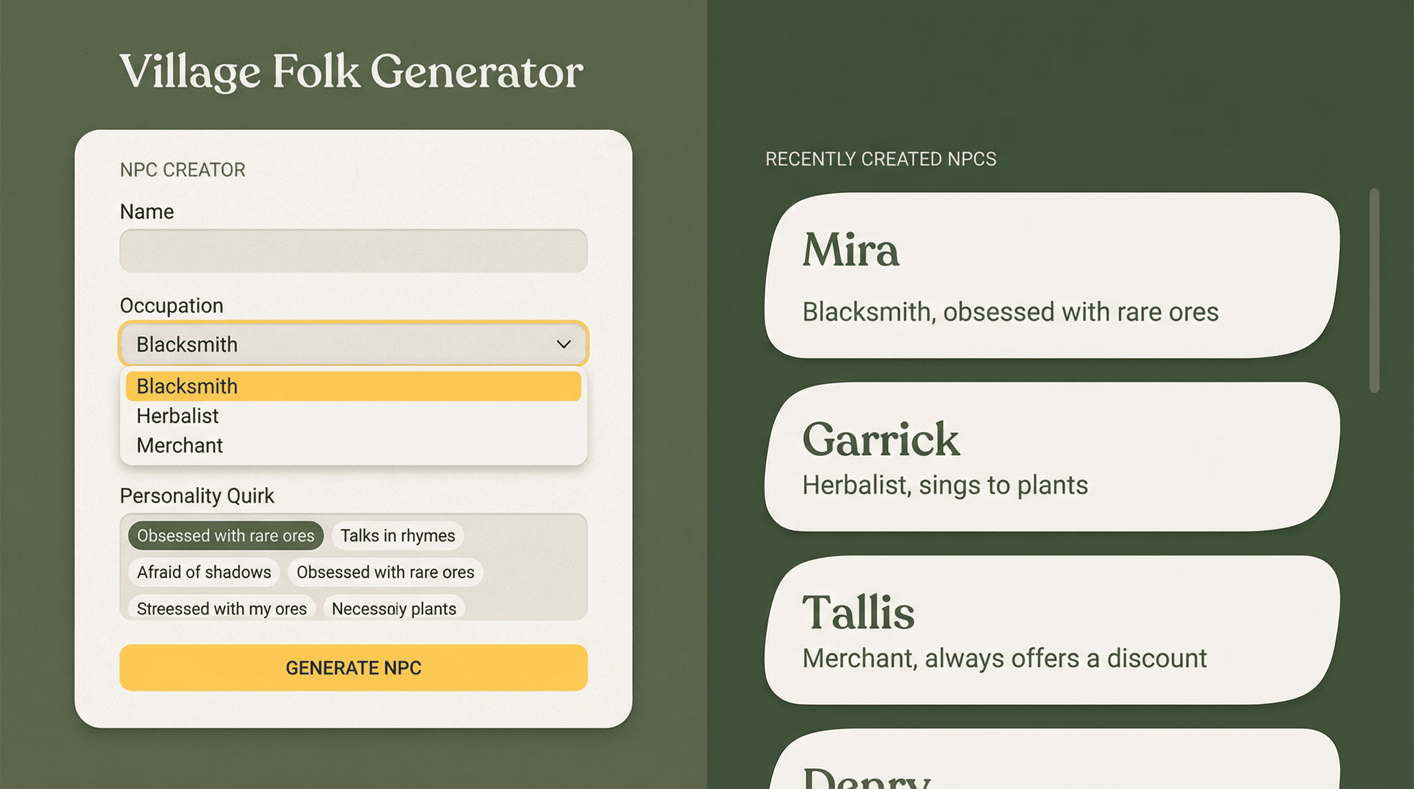 Game NPC generator with occupation and personality fields