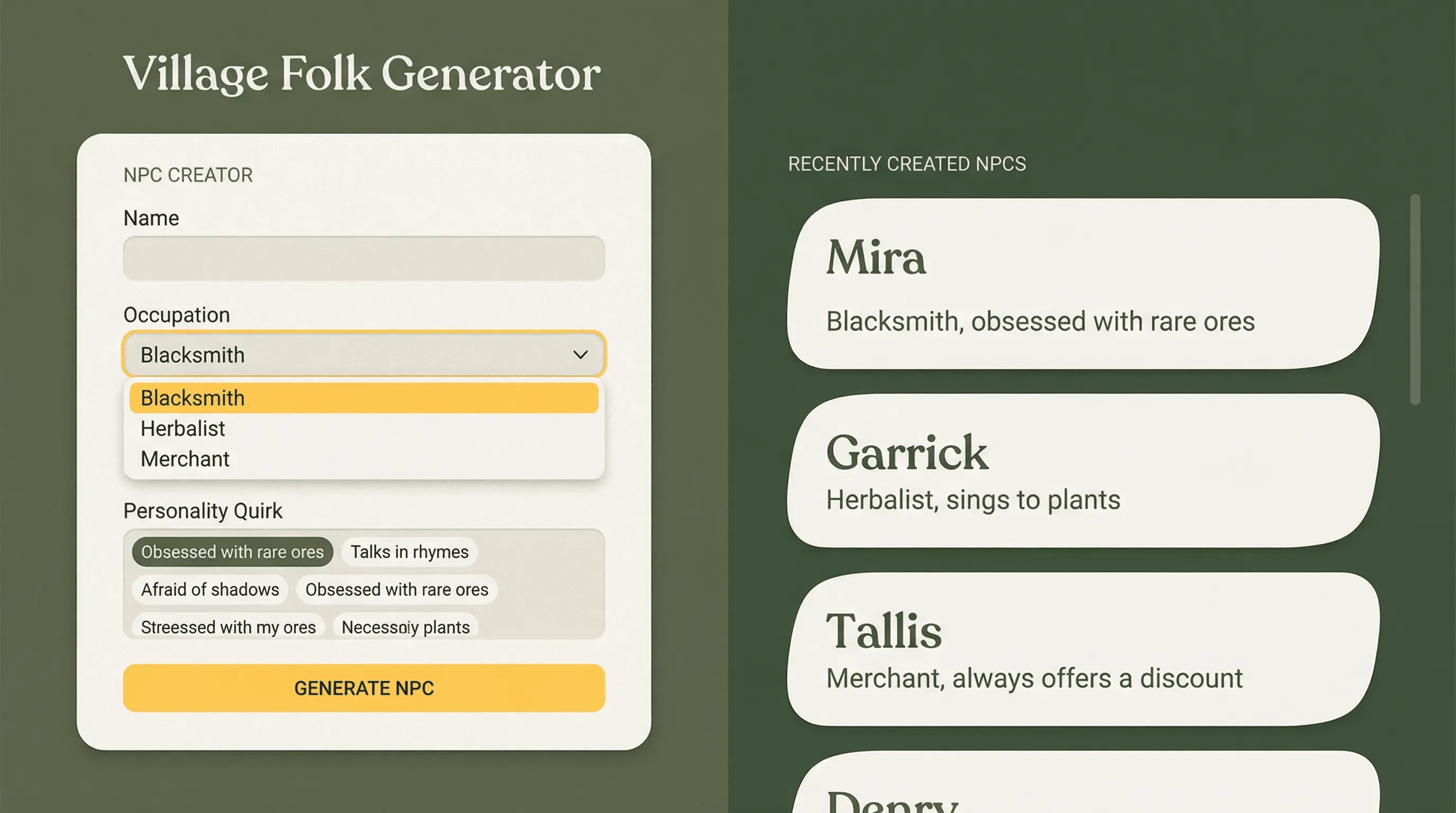 Game NPC generator with occupation and personality fields