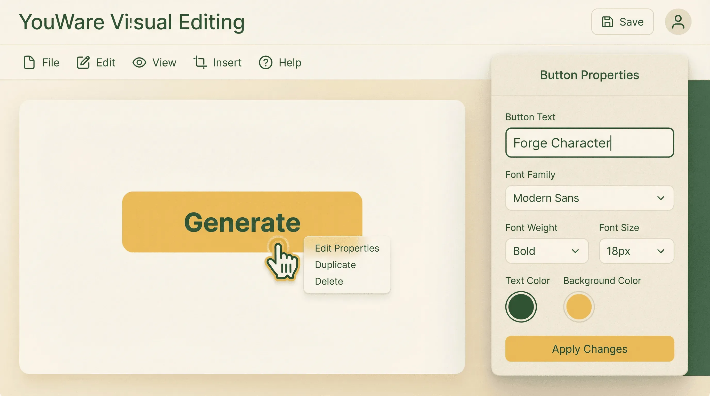 Visual Editing interface adjusting character generator button text