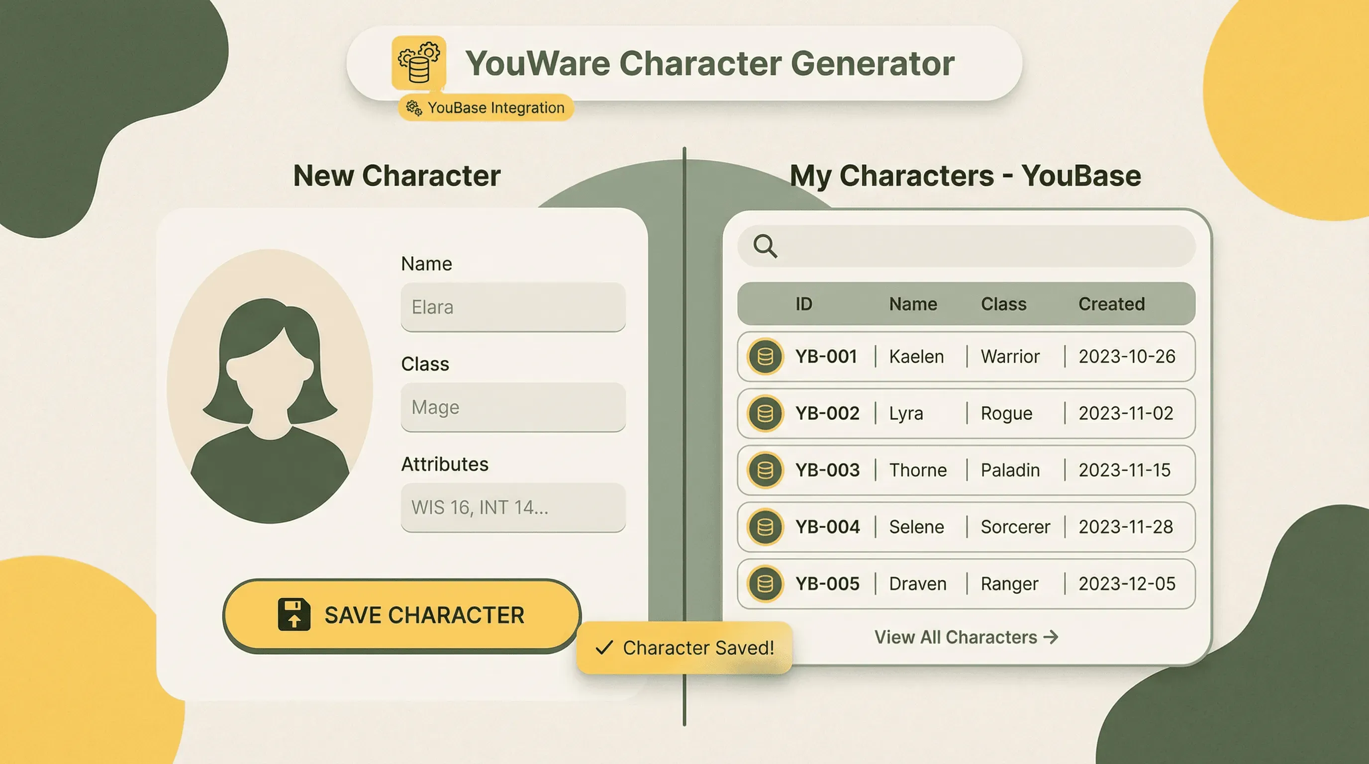 Character generator with YouBase save feature and character list