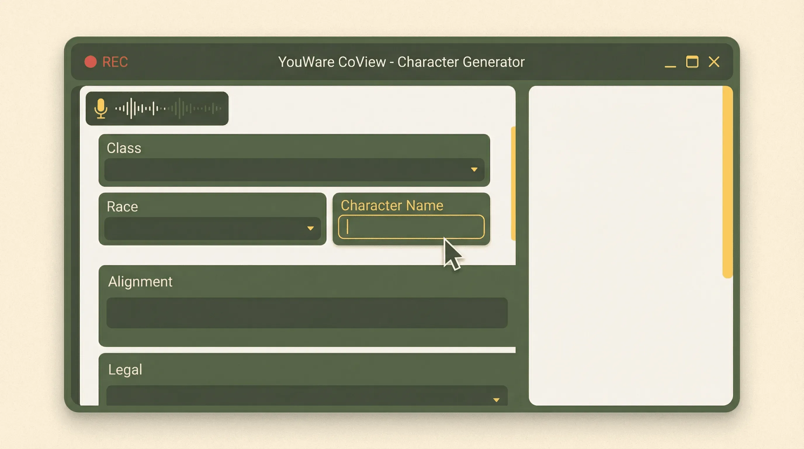 CoView screen recording showing character generator layout issue