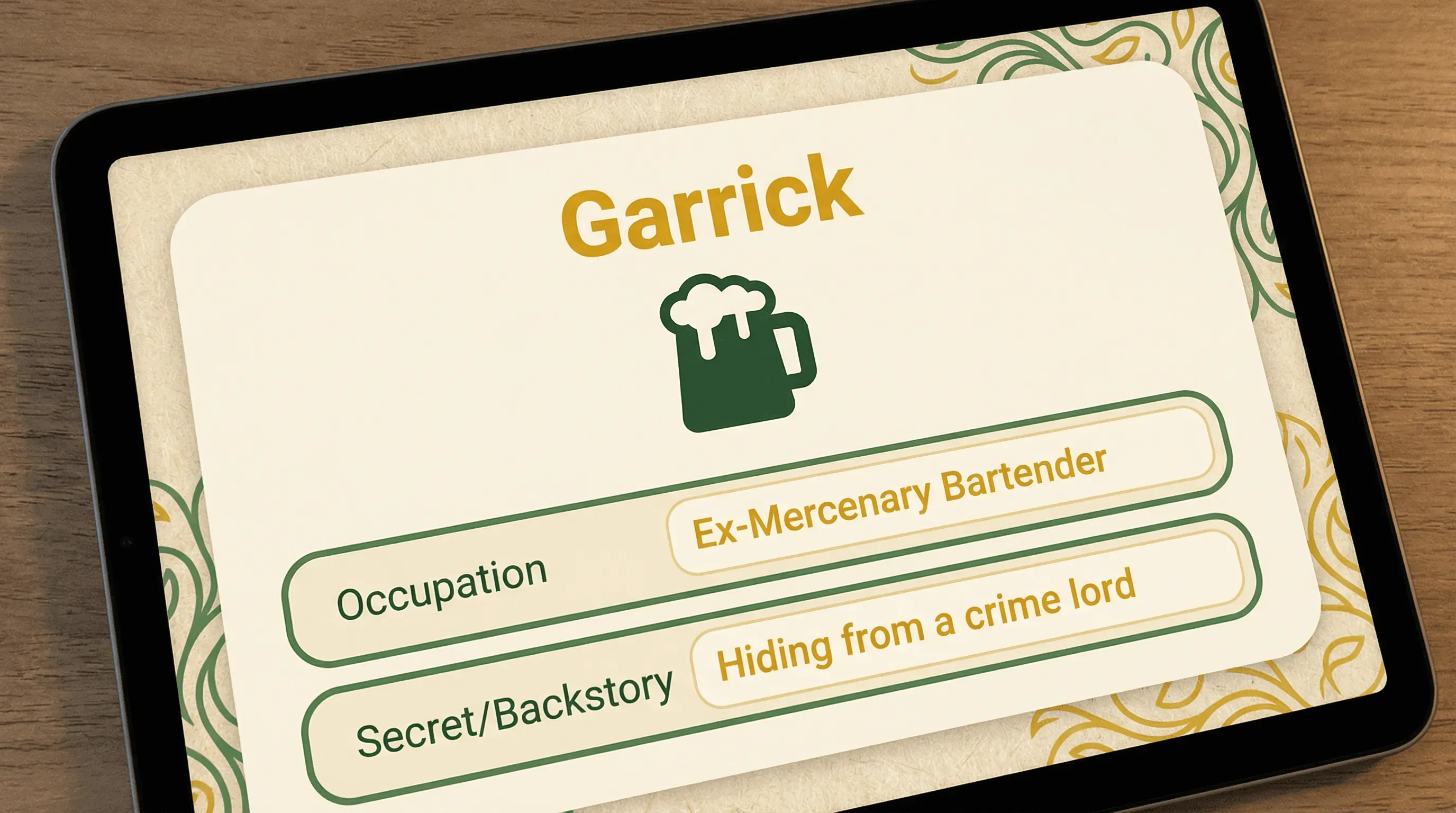 D&D NPC generator showing tavern character with backstory