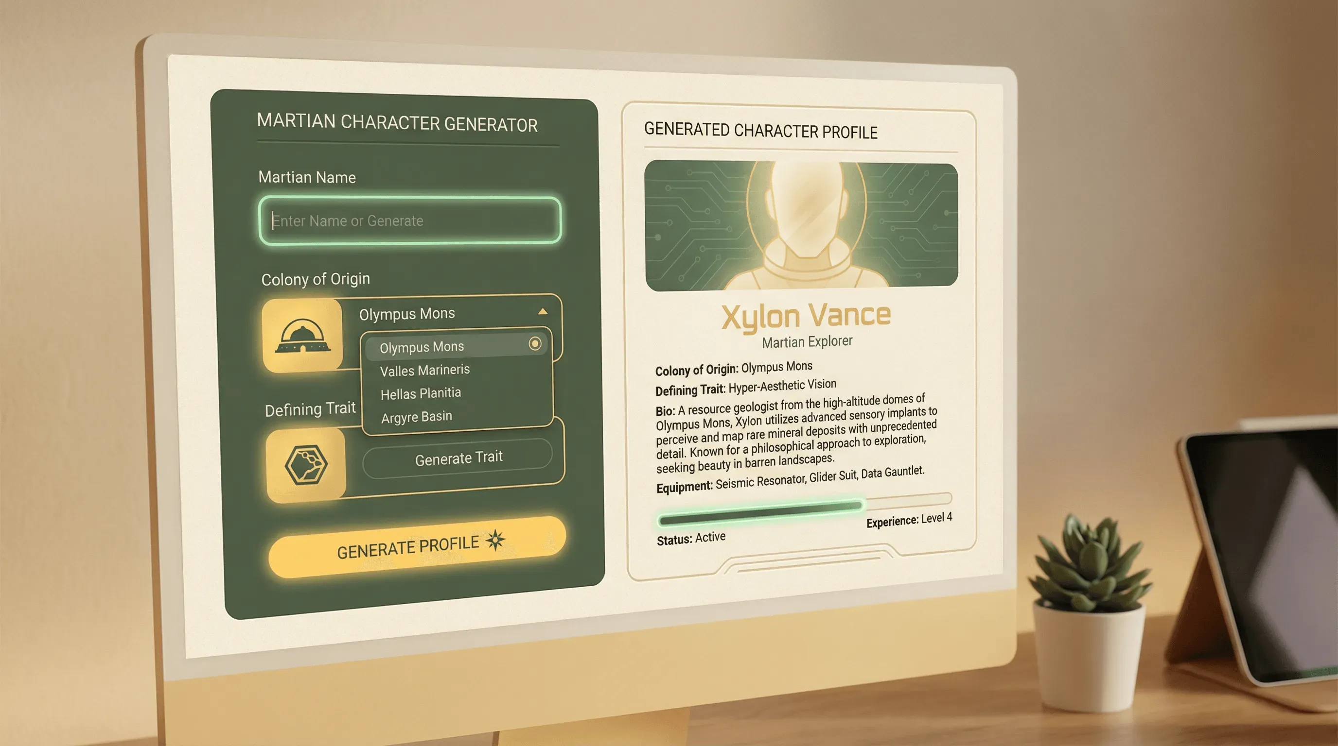 Sci-fi character generator with colony and trait fields
