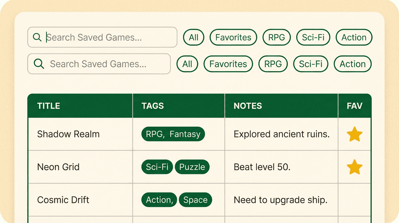 タグとメモ付きでYouBaseデータベースに保存されたゲームタイトル