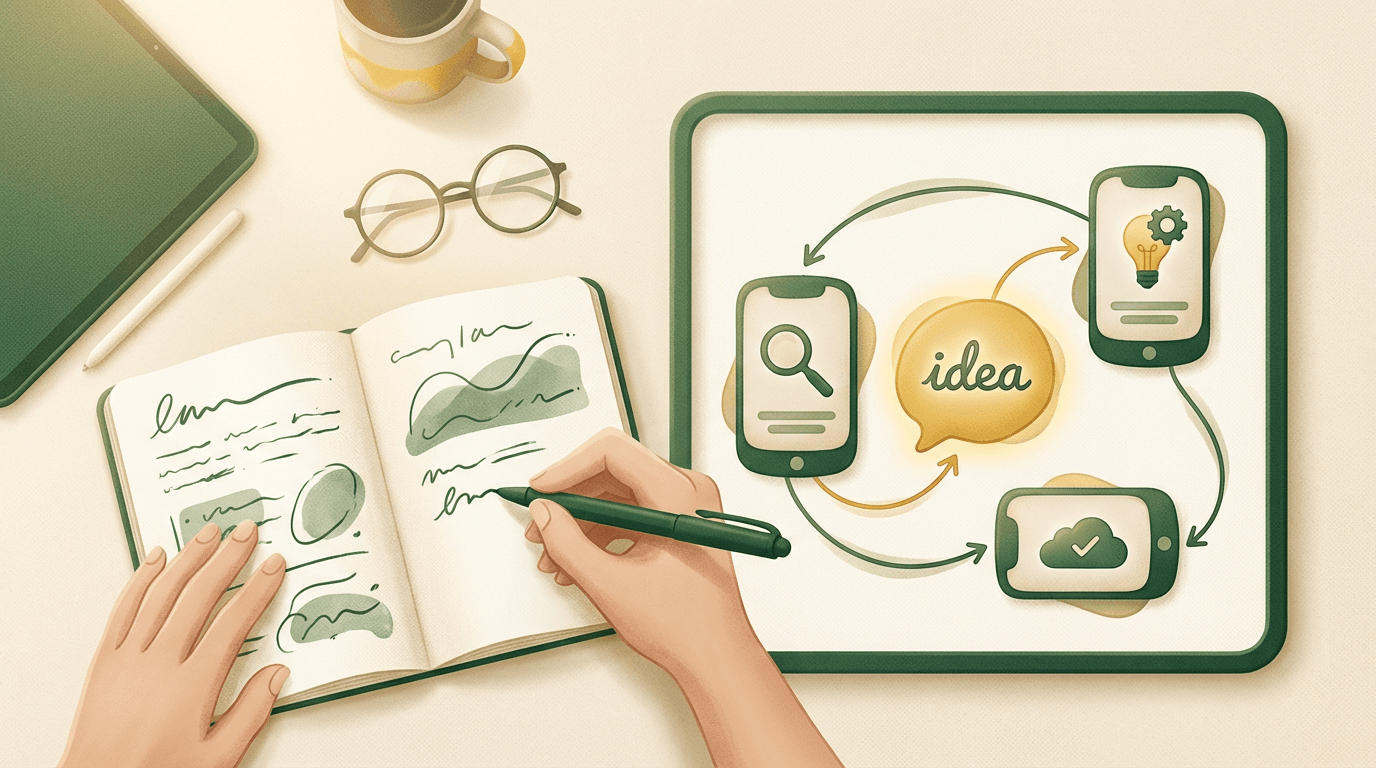 A person writing app idea notes in a notebook with a clear app concept diagram