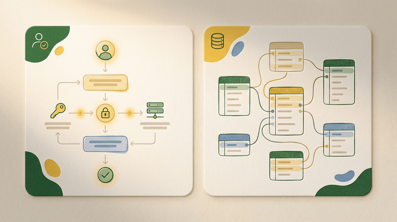 A dashboard showing user authentication flow and database schema