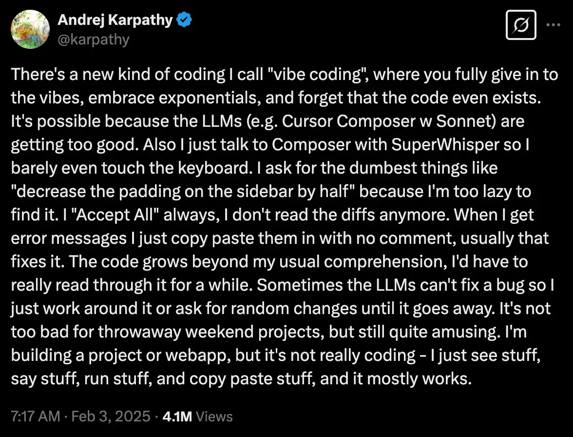 Tweet from Andrej Karpathy about vibe coding