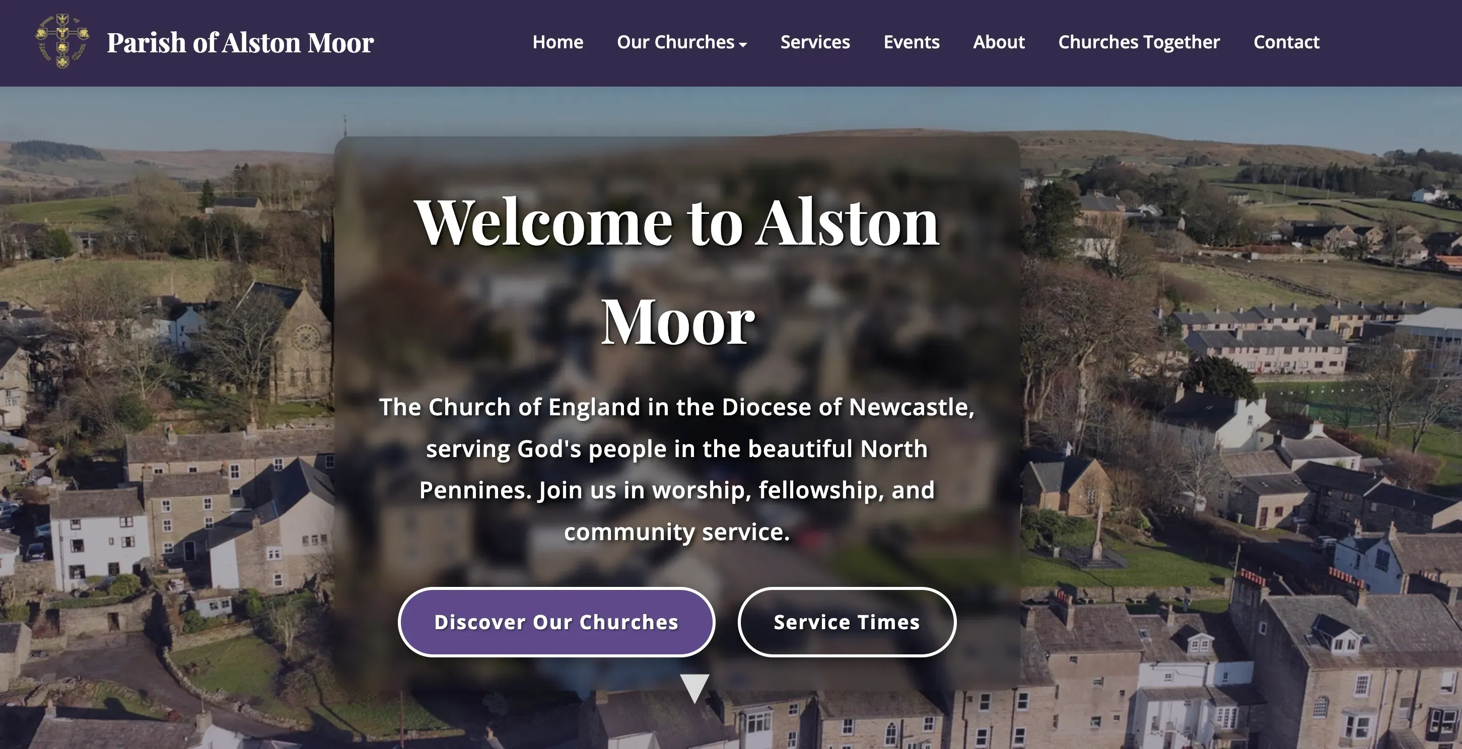 Aerial view of Alston Moor village and church website homepage