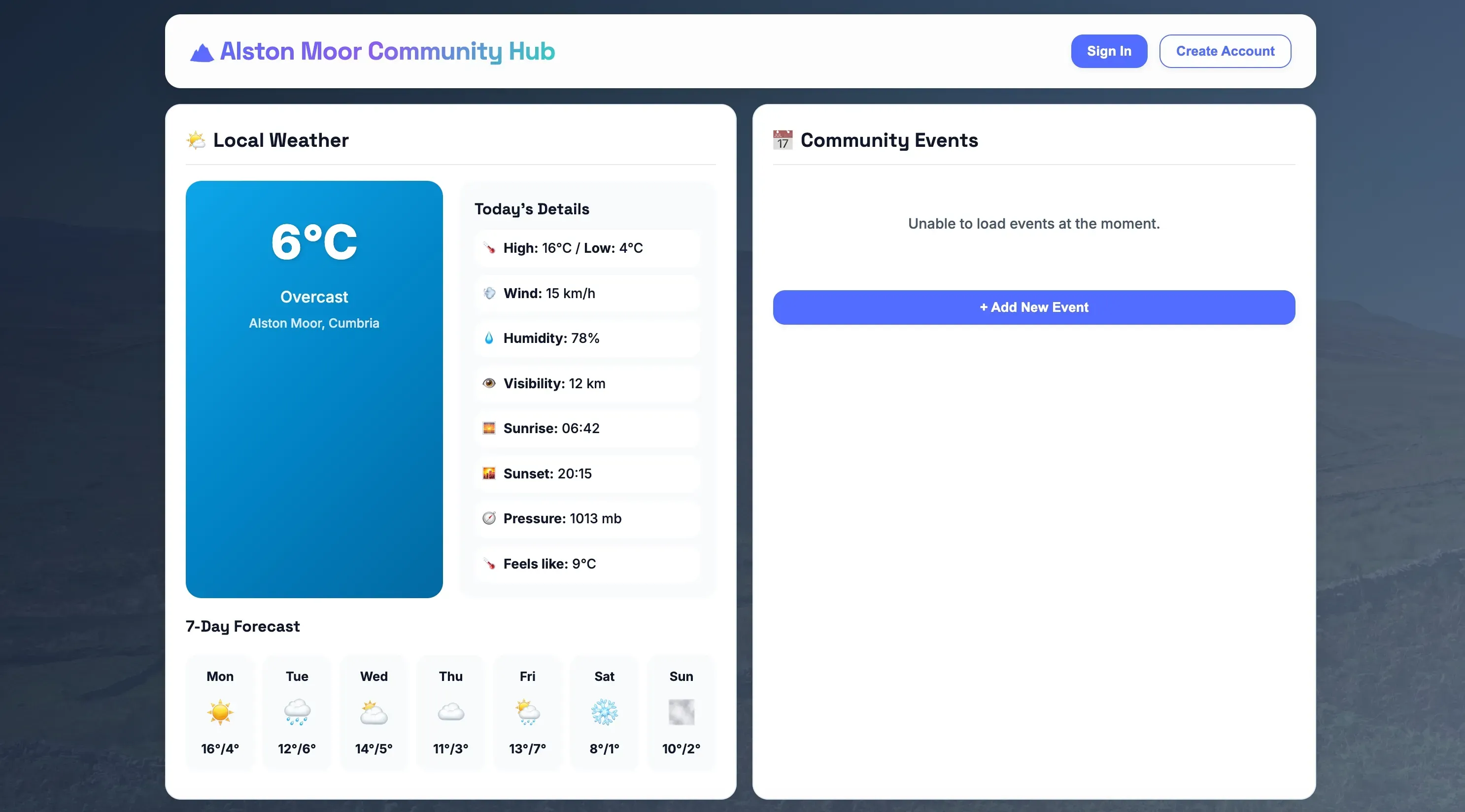 Community hub interface showing local weather and events