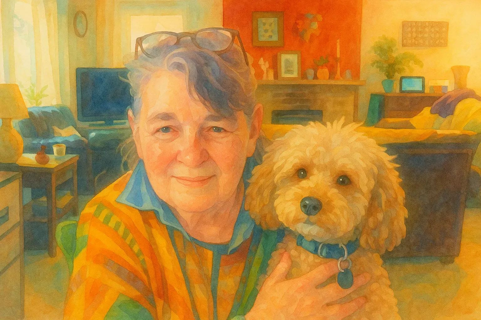 A 70-year-old creator holding her dog Hashtag at home