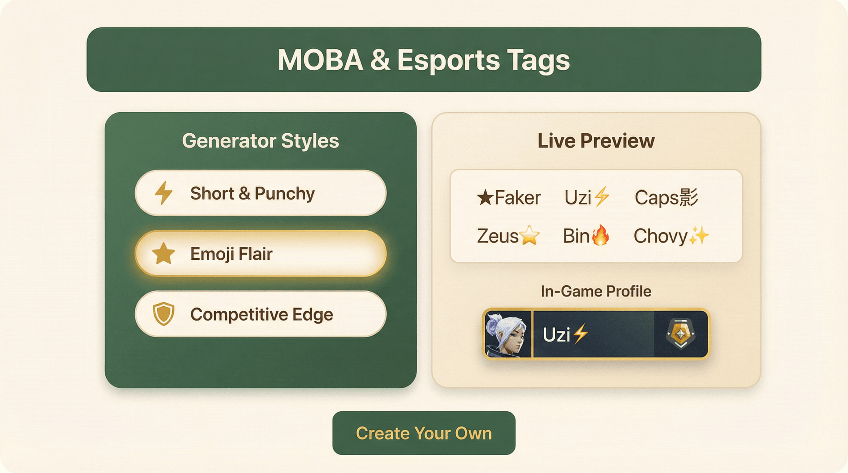 Ilustración de función Etiquetas MOBA y Esports