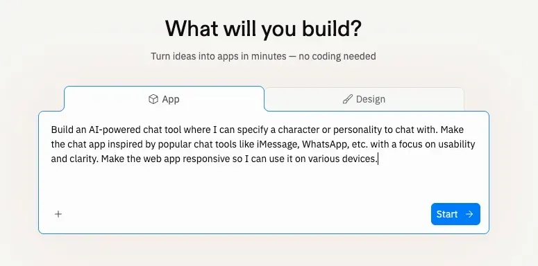 Replitのアプリ構築用AIプロンプト画面