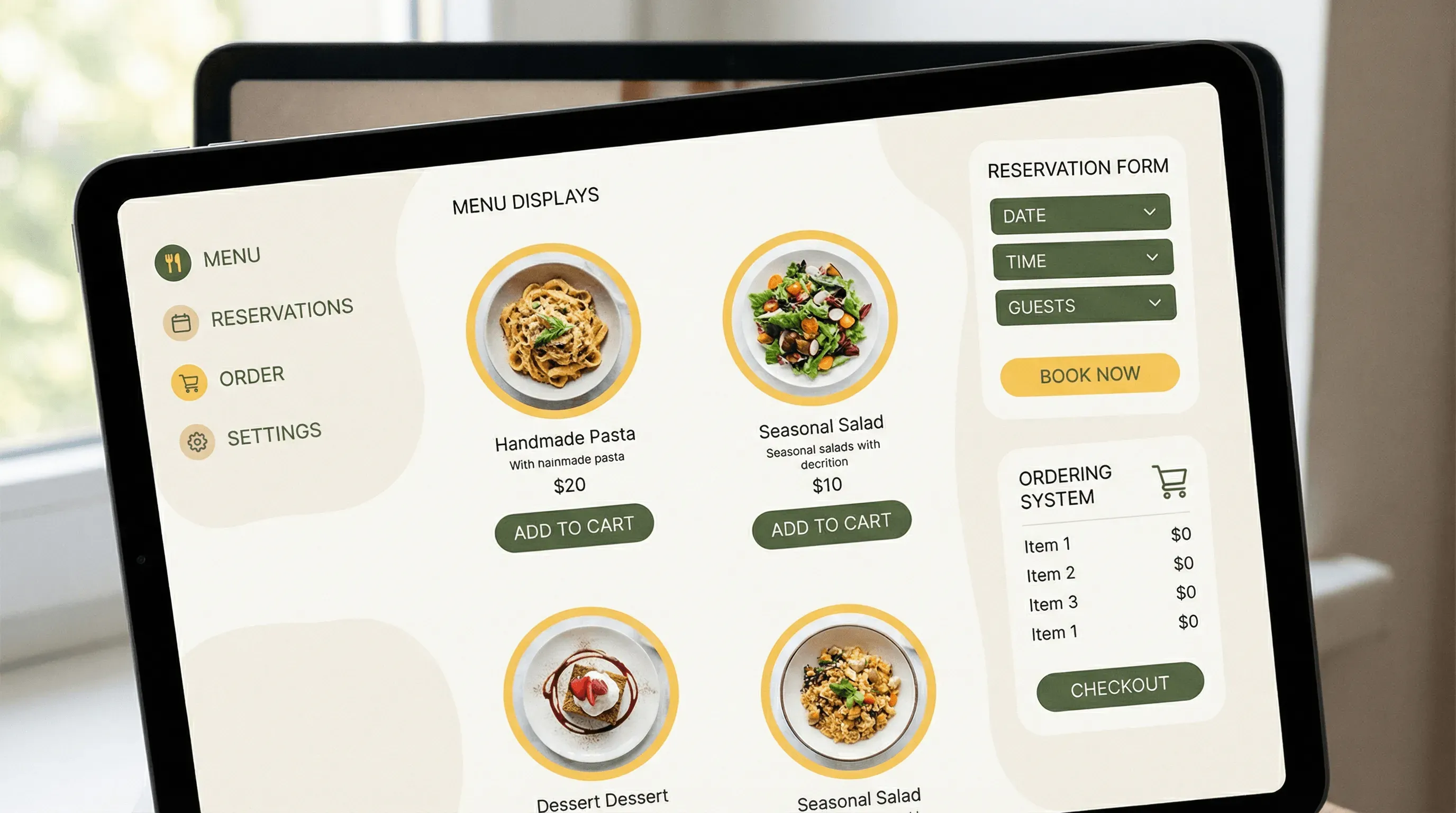 Restaurant website builder interface showing menu and ordering features