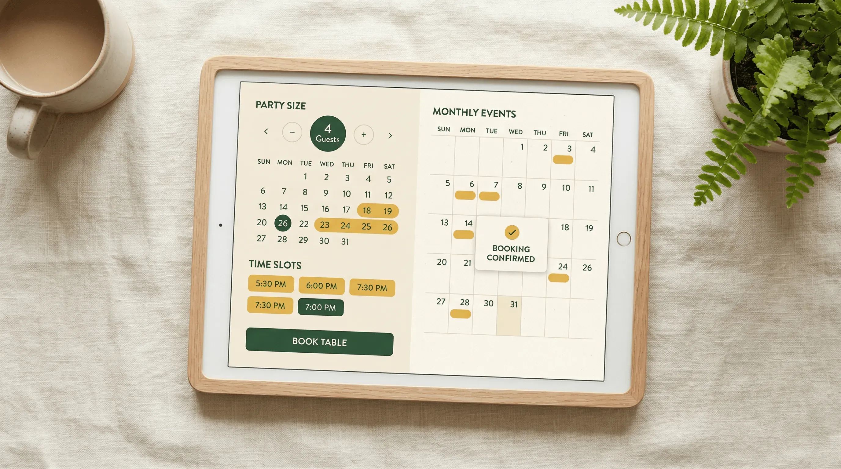 Restaurant reservation system and event booking calendar