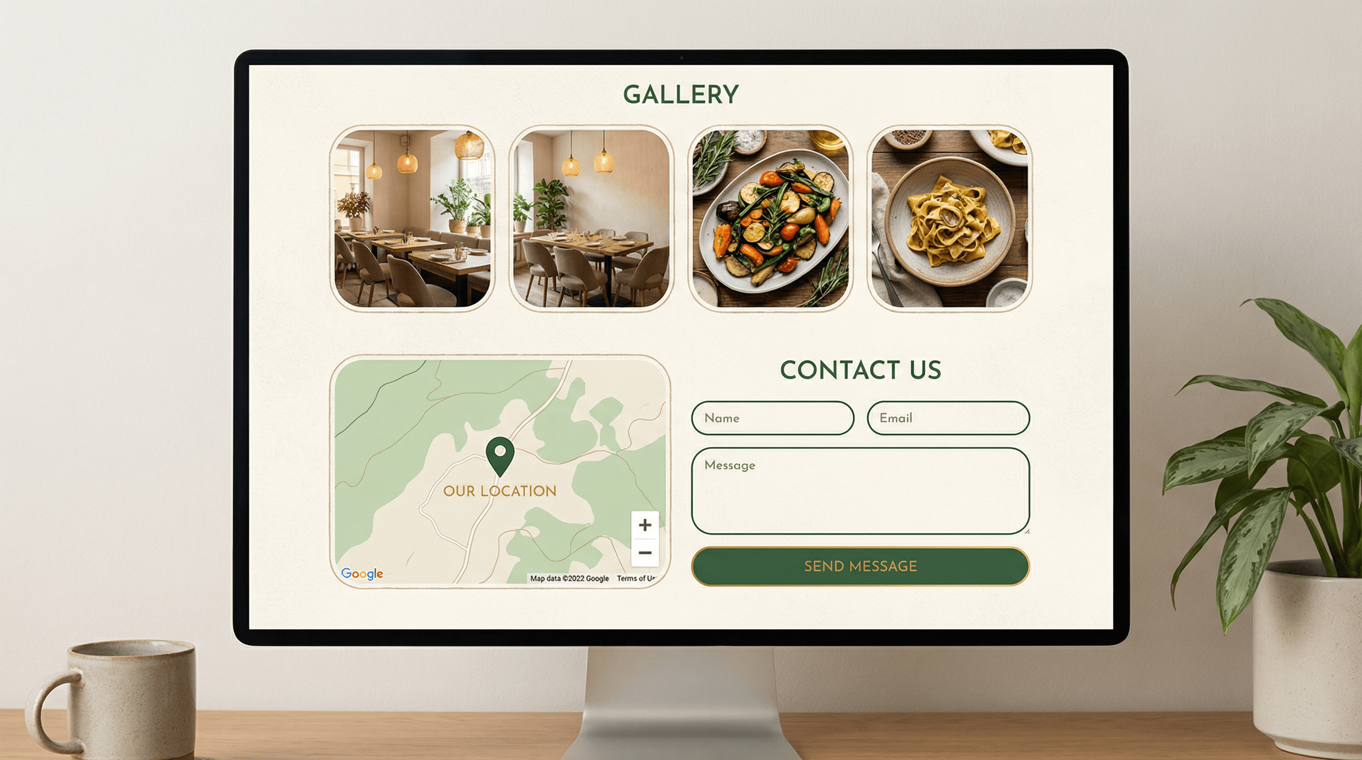 Galeria de restaurante, mapa de localização e formulário de contato