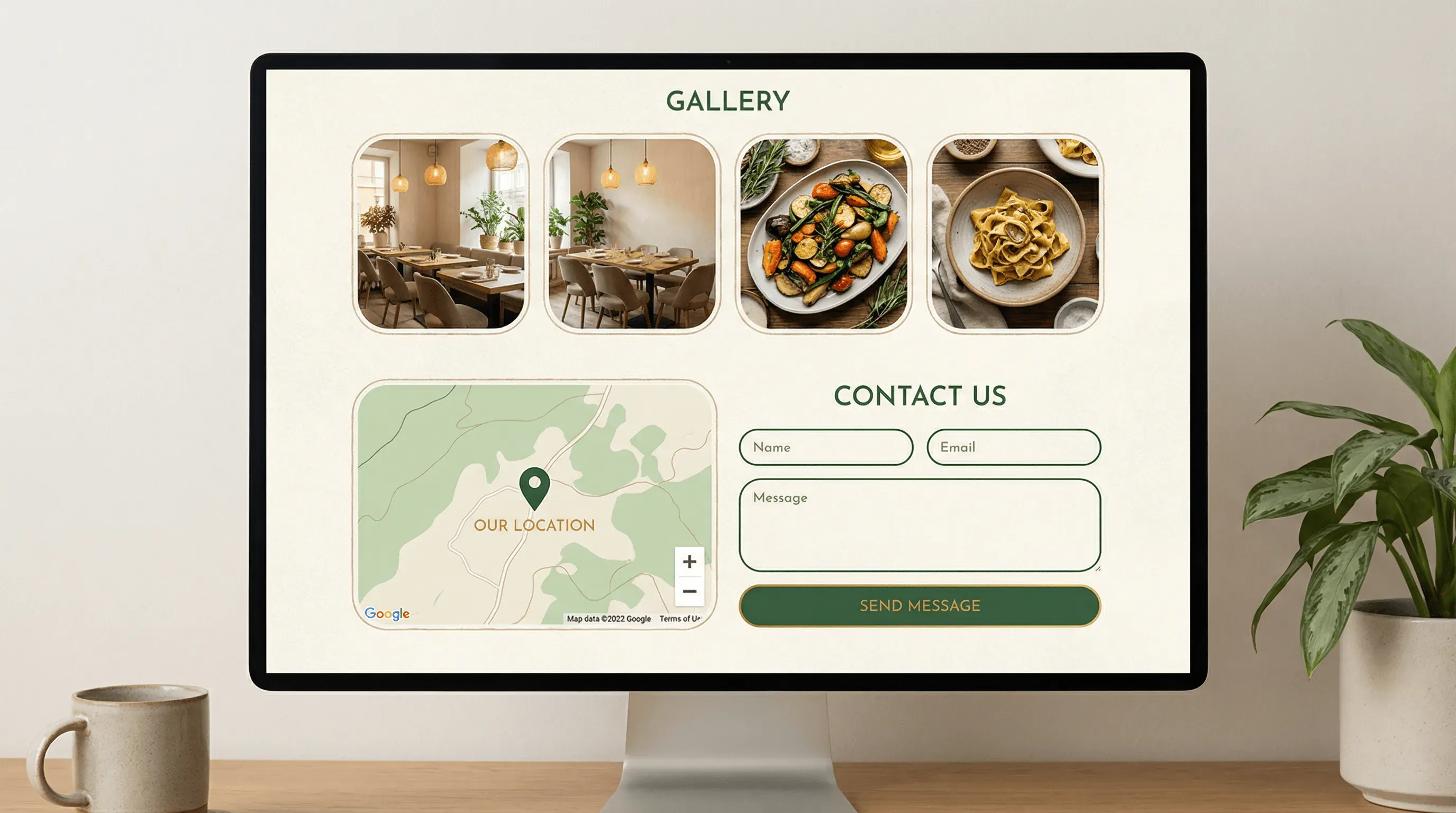 Restaurant gallery, location map, and contact form