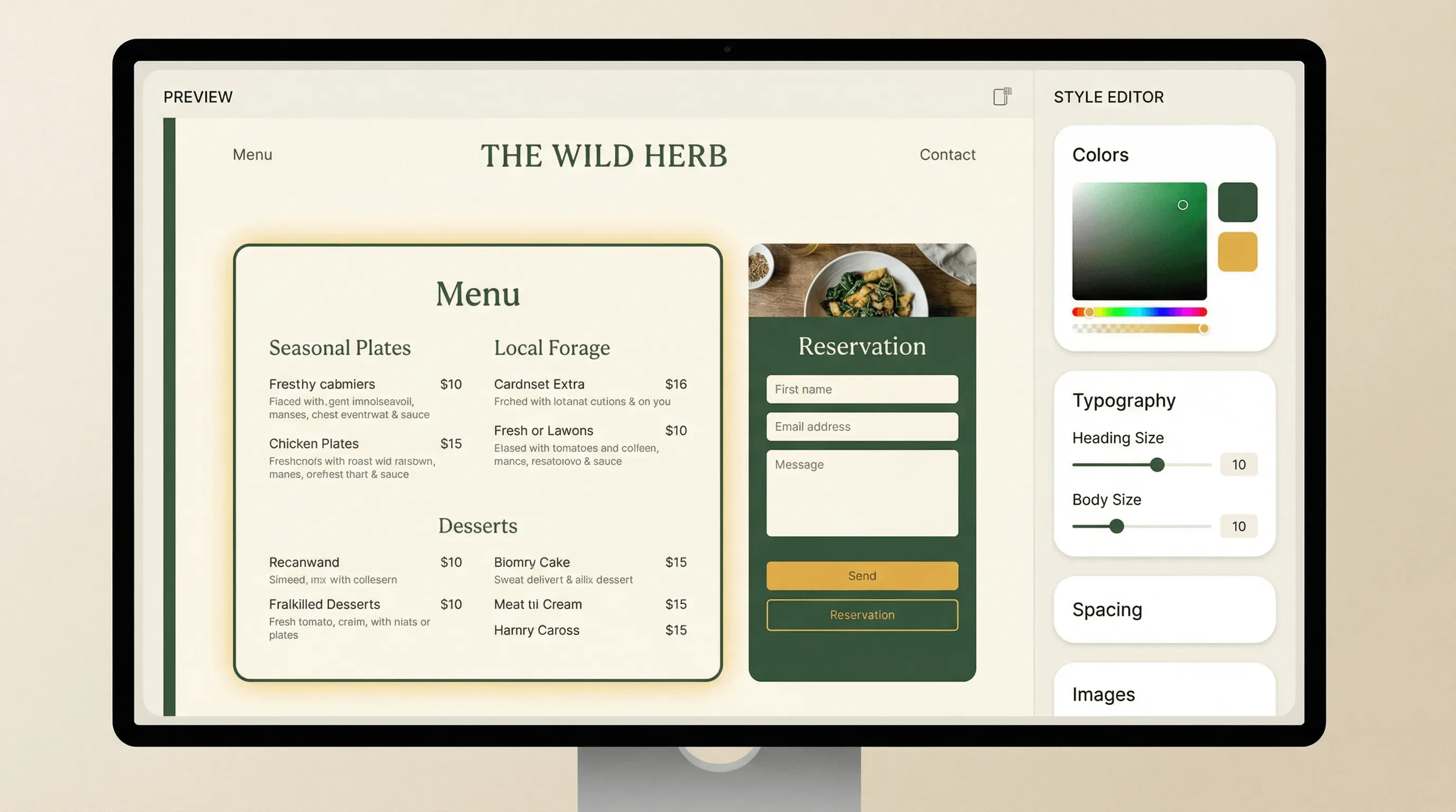 Visual editing interface for restaurant website customization