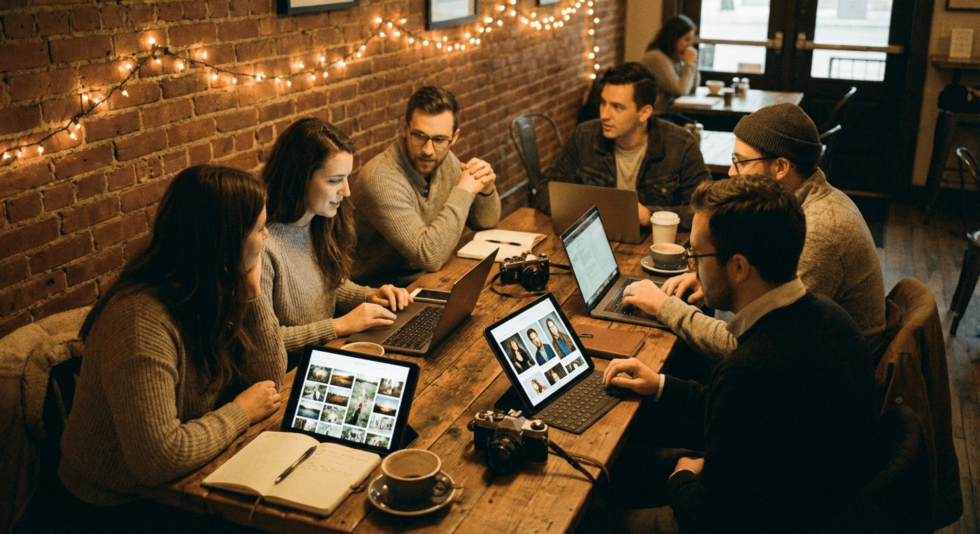 Miembros de un club de fotografía compartiendo trabajo en laptops en una reunión