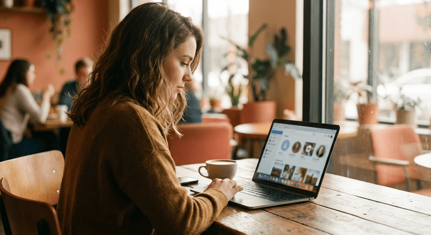 Persona iniciando sesión en una aplicación social en una laptop en una acogedora cafetería