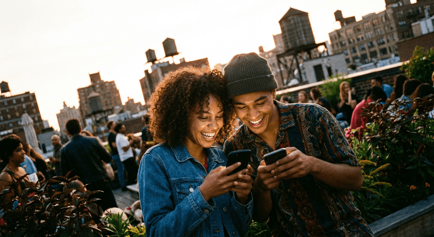 Amigos navegando feeds sociales en sus teléfonos al aire libre