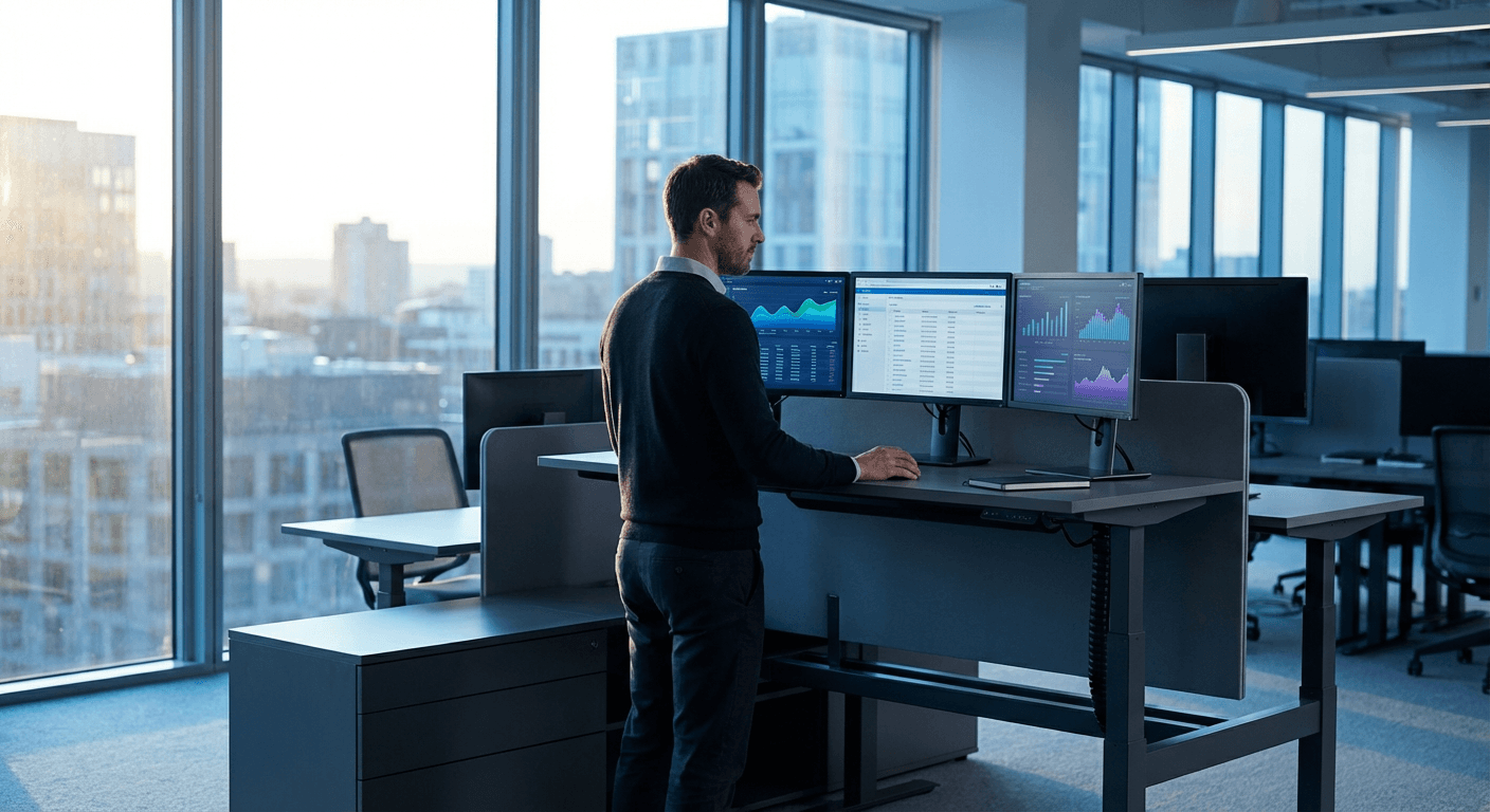 Desarrollador revisando dashboards de bases de datos en un escritorio de pie