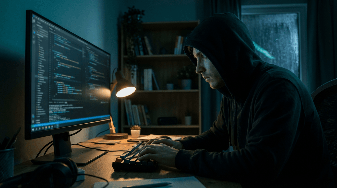 Desenvolvedor à noite em home office com monitor iluminado exibindo código