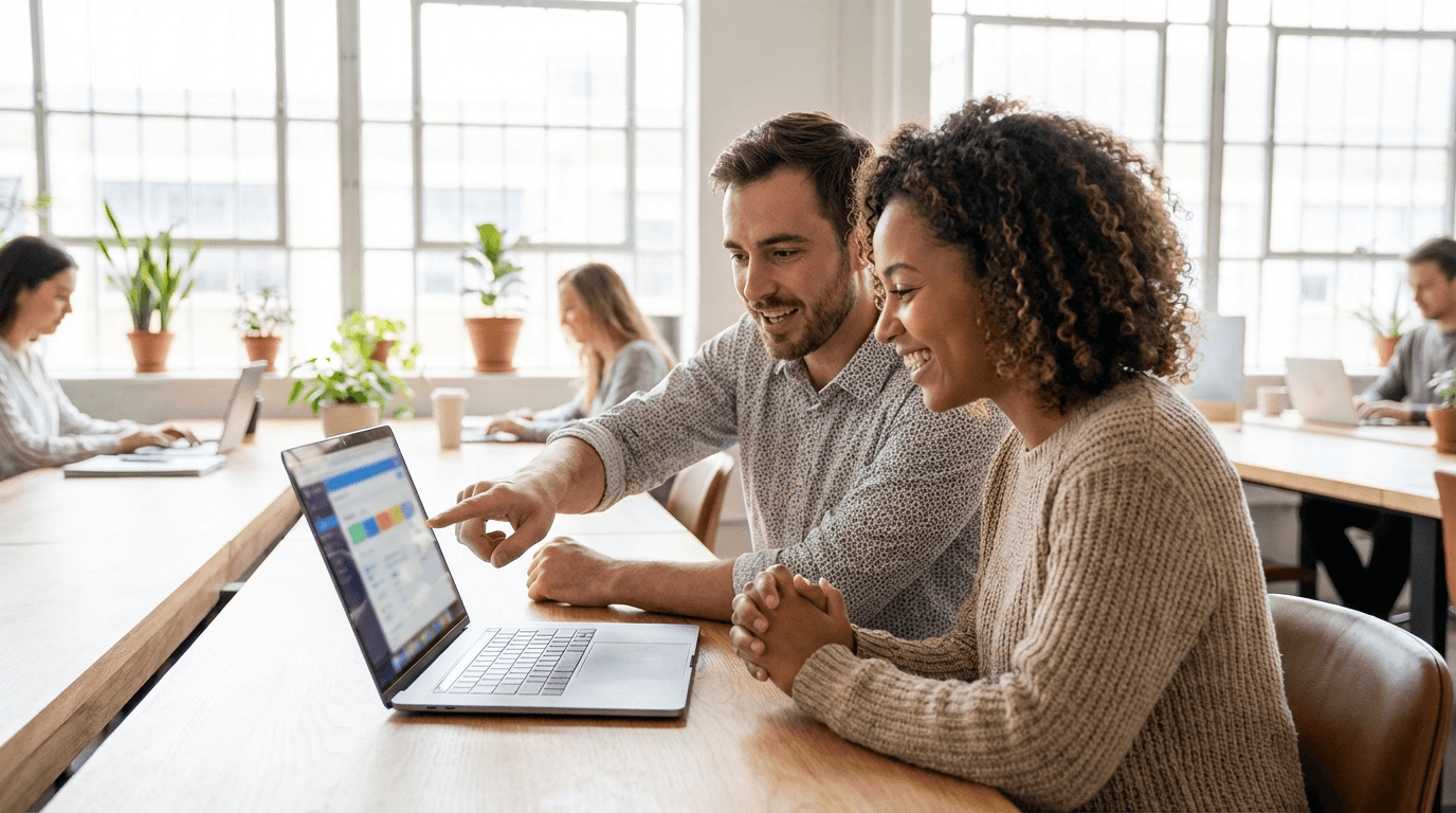Duas pessoas em coworking iluminado compartilhando a tela do notebook com animação